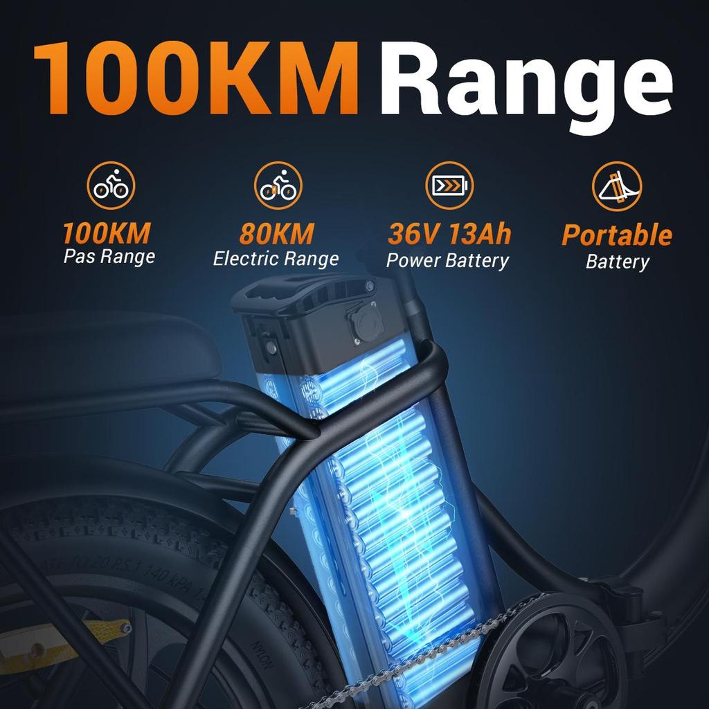 HillMiles MilePort 1 Folding Electric Bike, 20" Fat Tire E-Bike, 36V 13Ah Battery, 250W (Peak 350W) Motor, 7-Speed, 100KM Range, City/Commuter