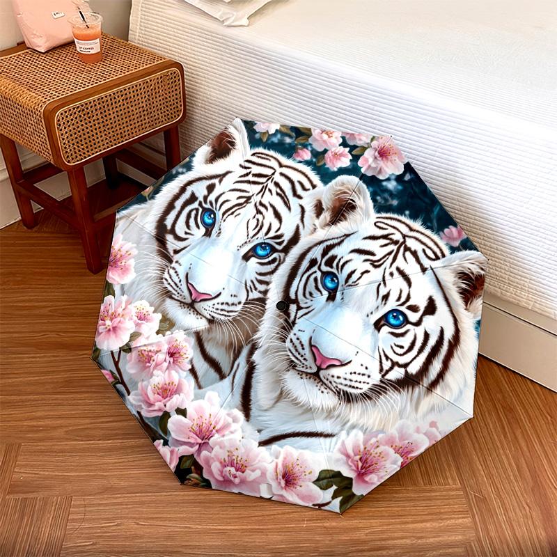 1 PC Automatic Folding Umbrella - White Tiger Pattern, Portable & Foldable Design with 8 Ribs, Christmas Birthday Gifts