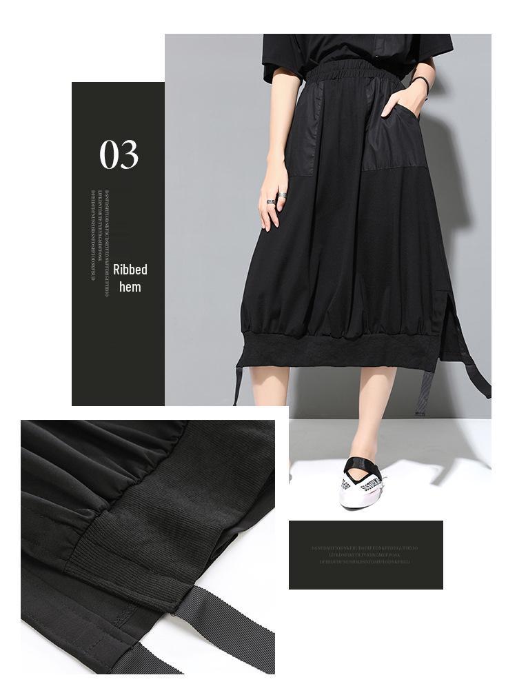 Summer Women's Dark Cold Style A-Line Skirt with Slit, Patch Pocket, and Elastic Waist