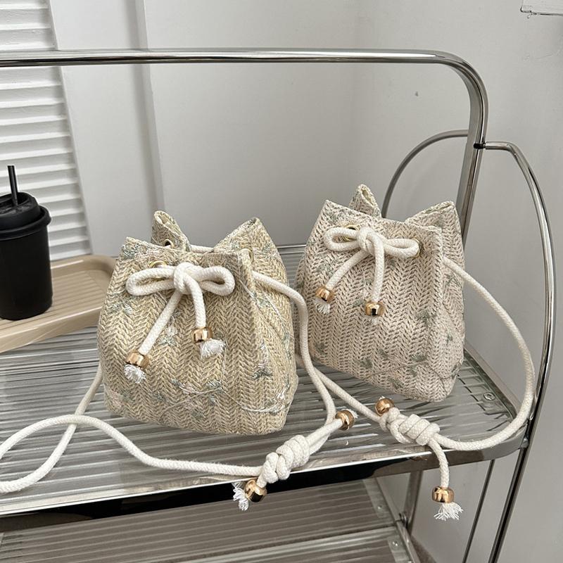 Drawstring Shoulder Bags Casual Summer Beach Woven Straw Small Handbag Large Capacity Crossbody Bags
