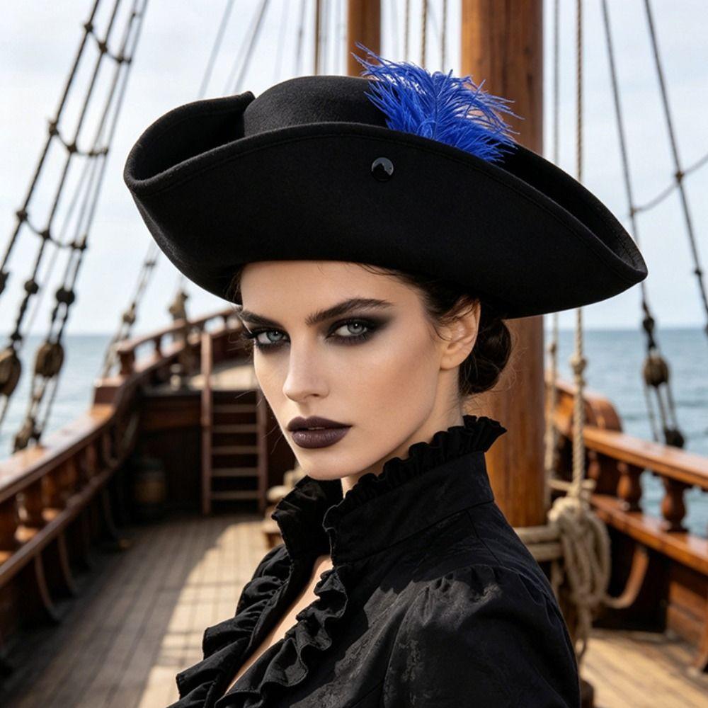 Classic Retro Tricorn Hat Wide Brim Pirate Headwear Pirate Feathers Hat Halloween Party