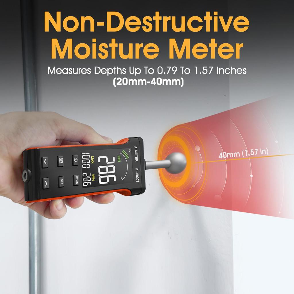 Digital Pinless Moisture Meter with Ball Probe & Color LCD 0~70% RH Range, Alarm Function for Wood/Walls/Concrete/Masonry/Gypsum