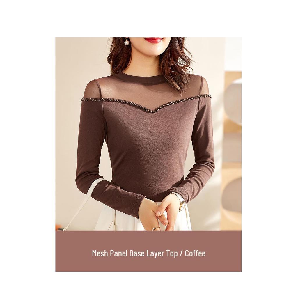 Women's Retro Beaded Black Mesh Long Sleeve Slimming Top - 2023 Spring/Autumn Collection