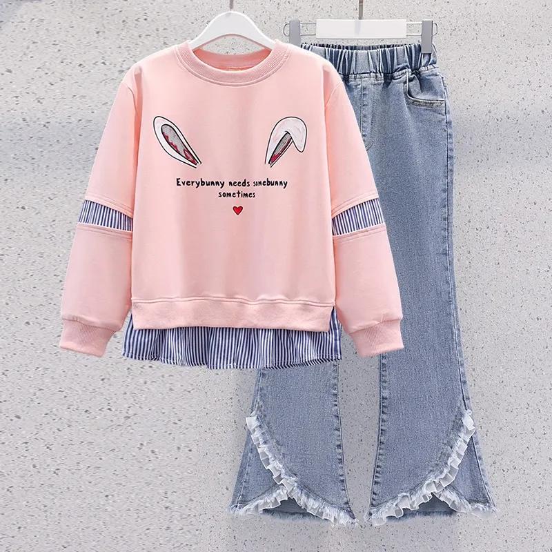 Mädchen Frühling Casual Anzug Mittleren und Großen Kindern Langarm Rundhals Pullover + Jeans Zwei-stück Set