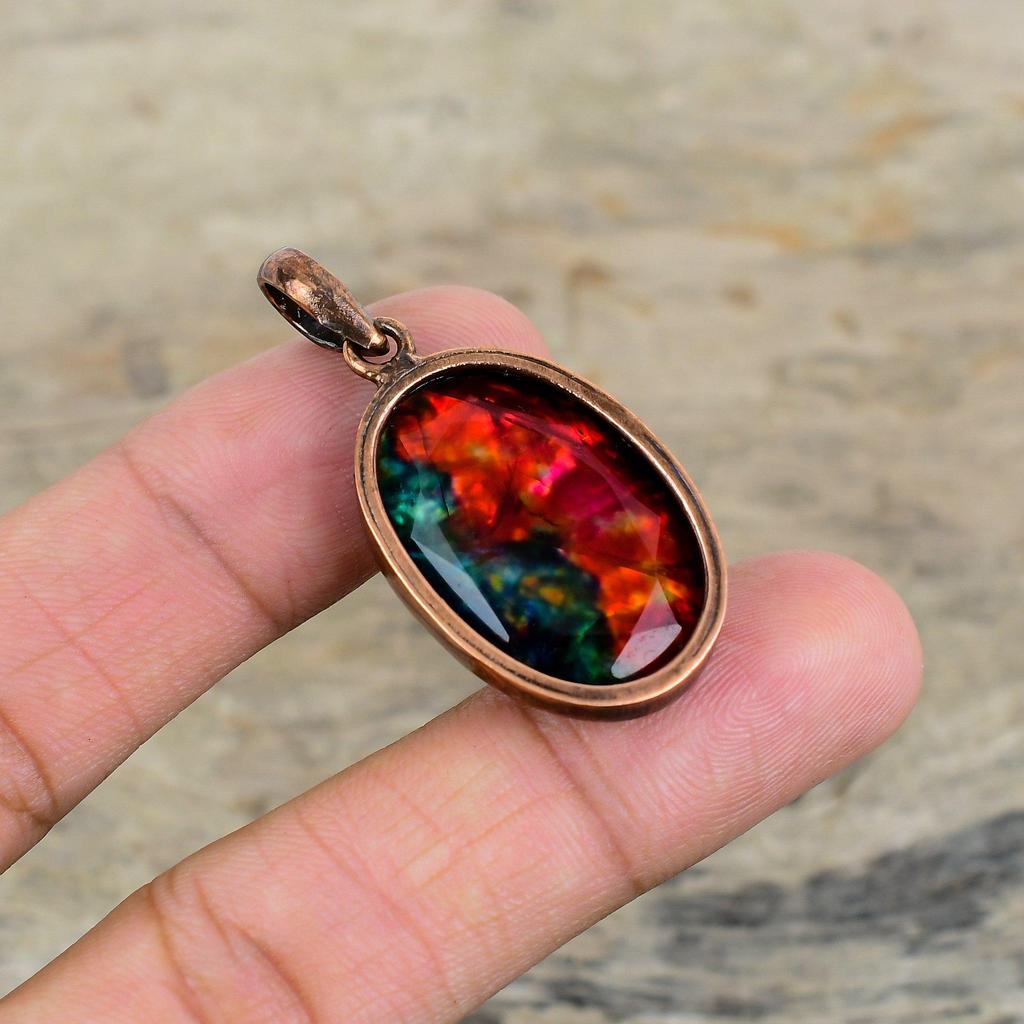 Faceted Ammolite Pendant Electroformed Copper Pendant Handmade Jewelry Natural Gemstone Pendant Unique Electroformed Jewelry Gifts For Women