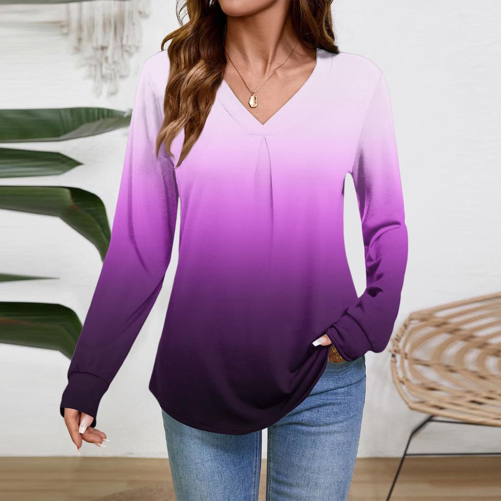 Damen Langarm Tops Schick Lässig V-Ausschnitt T-Shirts Basics Tee Urlaub Herbstmode Kleidung