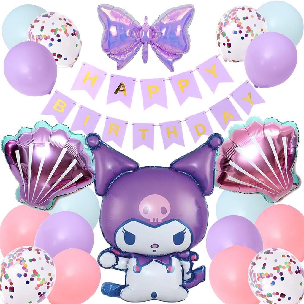 Large Happy Birthday Balloons, Purple with Bow, Sanrio Design, Perfect for Birthdays, Anniversaries, and Children's Day Events. Perfect for