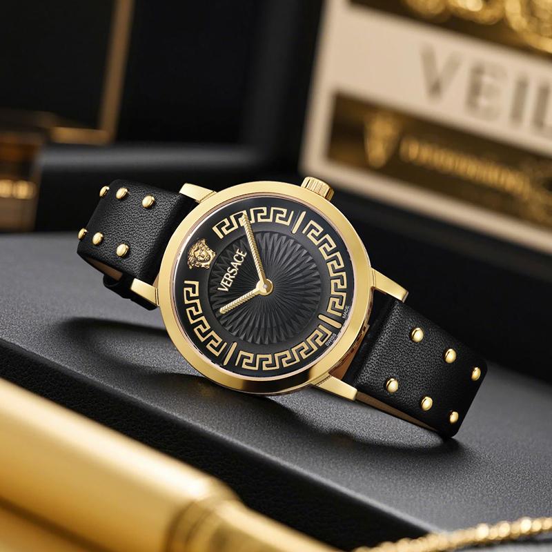 Versace Quartz Watch 35mm Beige Dial Leather Strap Gift Set With Perfume And Red Envelope Women Watches Pink VE0A00125