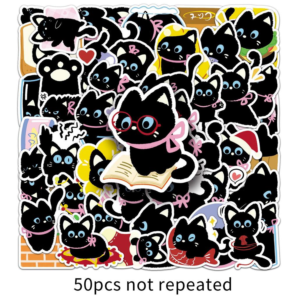 50 Original Hand-drawn Black Cat Stickers - Cute Kitten Stationery for Journals & Water Bottles.
