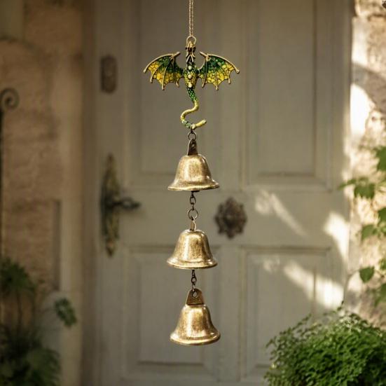 Traditional Gift Retro Dragon Hanging Bells, Metal Flying Wind Chime, Rustic Entrance Door Fantasy Outdoor Garden Ornament for Patio Porch Yard