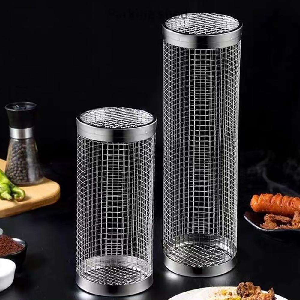 Round BBQ Basket Stainless Steel Rolling Grilling Basket Wire Mesh Cylinder Grill Basket Portable Outdoor Camping Barbecue Rack