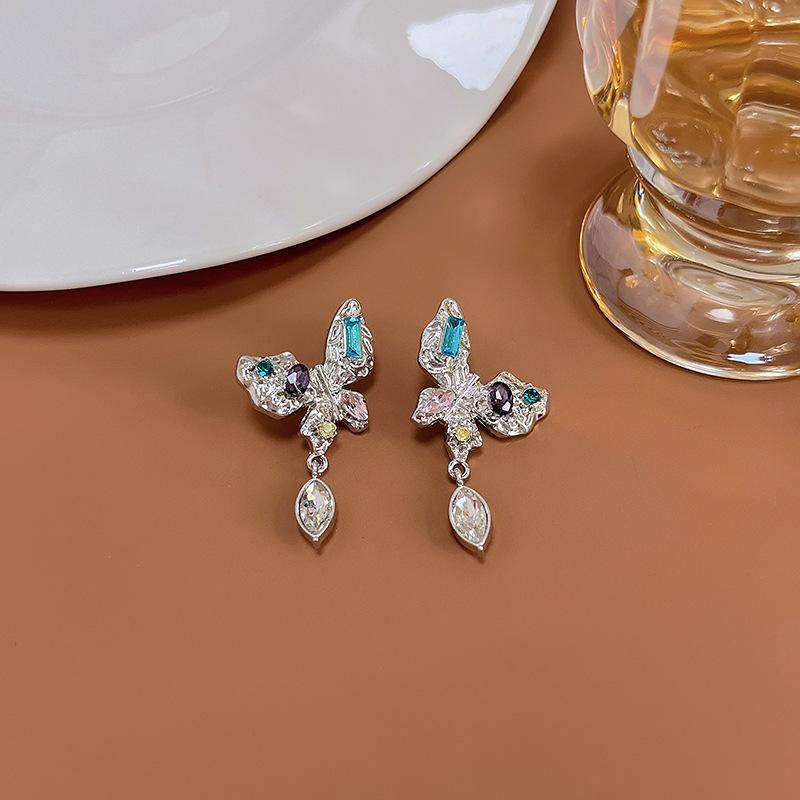 Elegant Geometric Silver Butterfly & Colored Diamond Teardrop Earrings for Women
