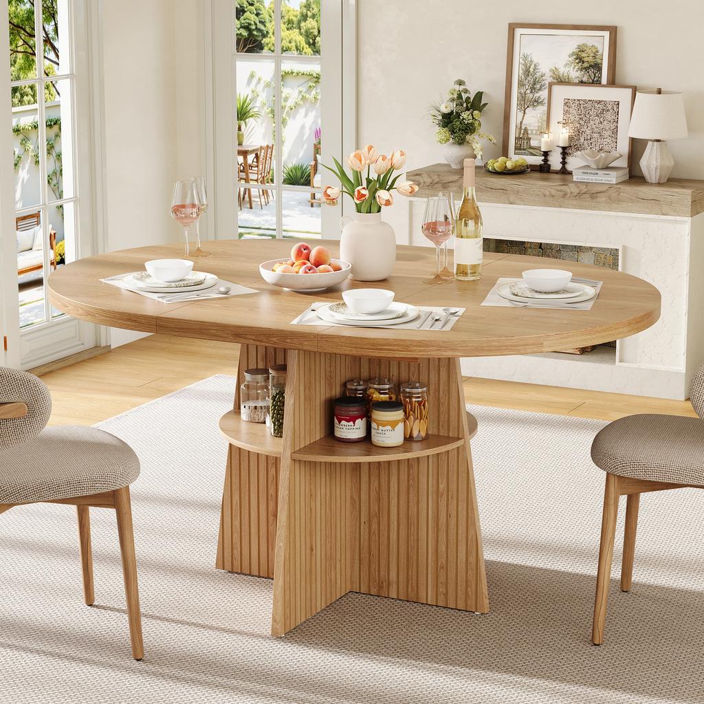 Tavolo da Pranzo Rotondo Estensibile 110-150x110x77,5 cm, Tavolo da Cucina per 2-8 Persone, Salvaspazio con Ripiano Integrato, Tavolo Moderno in Legno dall'Aspetto Naturale