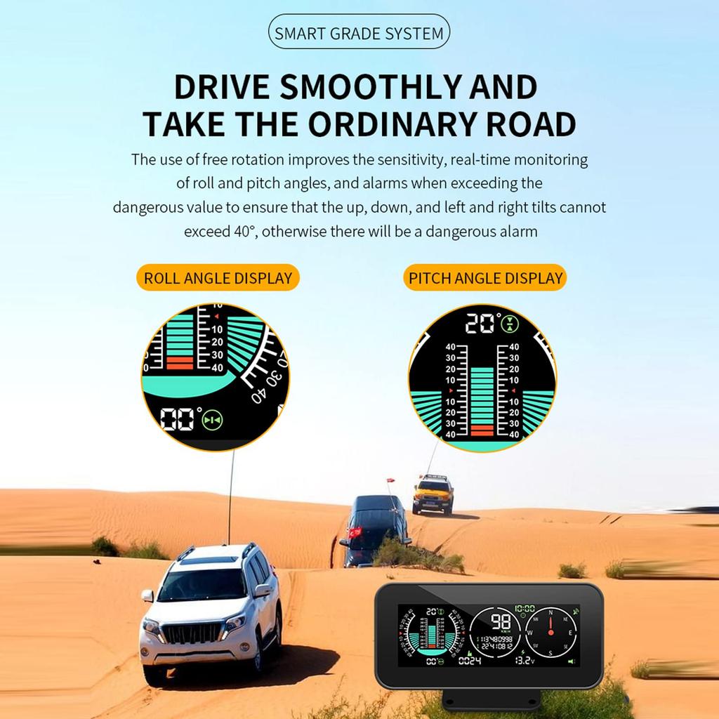 Off-Road Motorcycle Ramp Meter, Vehicle Incline/Pitch Angle GPS Speed Gradient HUD Display Color Digital