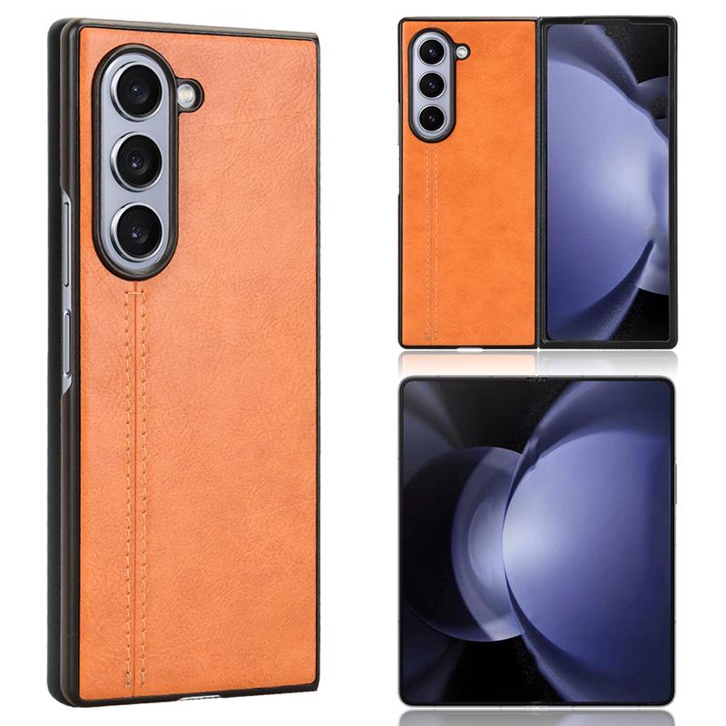 Für Samsung Galaxy Z Fold6 5G Hülle Rindsleder Textur Leder+PC Handyhülle Ziernähte