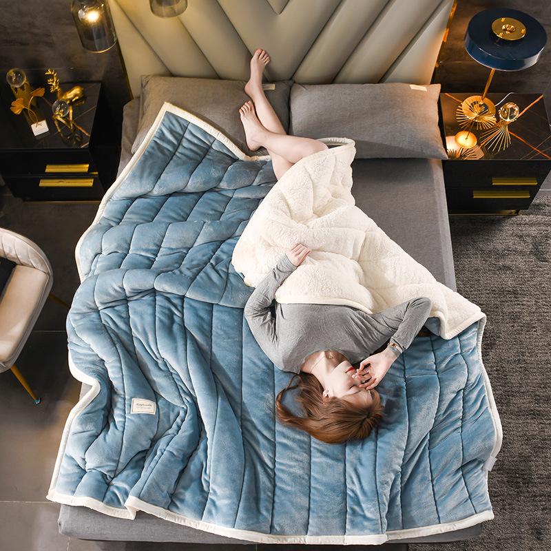 Thick Three-Layer Quilted Milk Velvet Lambswool Flannel Blanket for Autumn and Winter Warmth