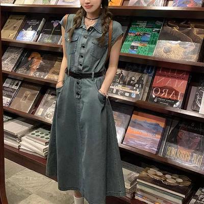 Shisanhang Batı Kıyısı Kadın Retro Denim Etek Elbise Kemerli - Dar Kesim, Uzun/Kısa, Yaz Stili