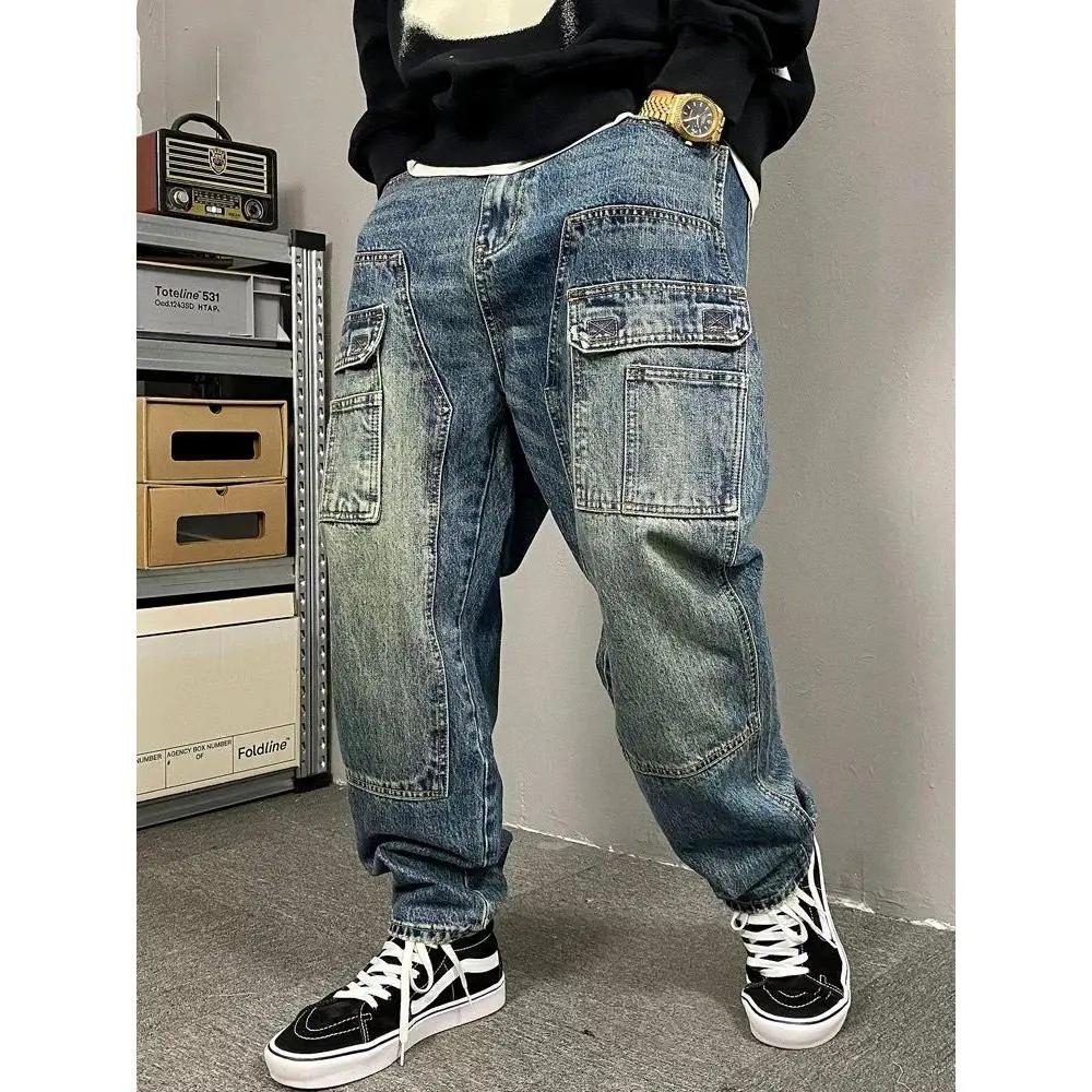Men Autumn and Winter Vintage Casual Denim Jeans Design Loose Straight Embroidery Handsome Pants