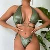 Sexy Women's Swimsuit Solid Color Deep V Halter Neck Side Tie High Waist Bikini Set Beachwear Bathing Suits