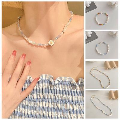 Korean Style Daisy Bracelet Bead Flower Pearls Clavicle Chain Retro Rice Bead Necklace  Student