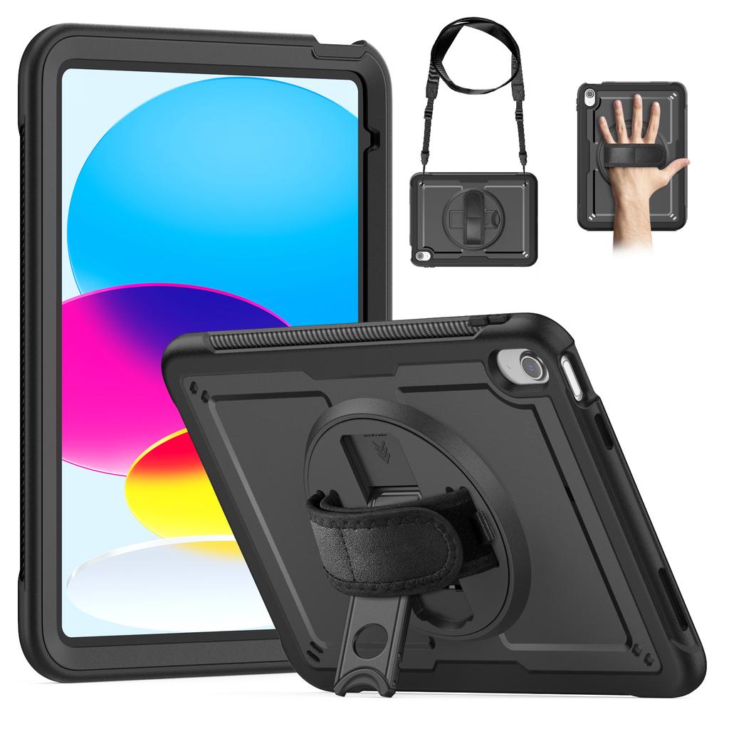 For iPad (2025)/10.9 (2022) Case Kickstand PC+TPE Tablet Cover with Hand Strap and Shoulder Strap