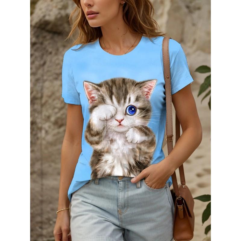 Womens Loose Fit Short Sleeve T-Shirt With 3D Digital Color Block Print Round Neck Casual Top