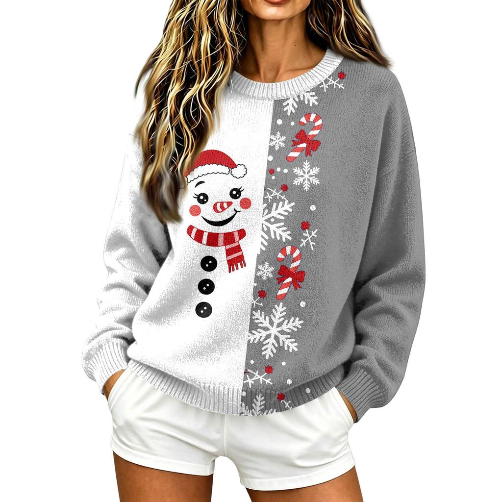 Women's Christmas Print Knit Pullover Sweater Long Sleeve Neck Casual Holiday Top