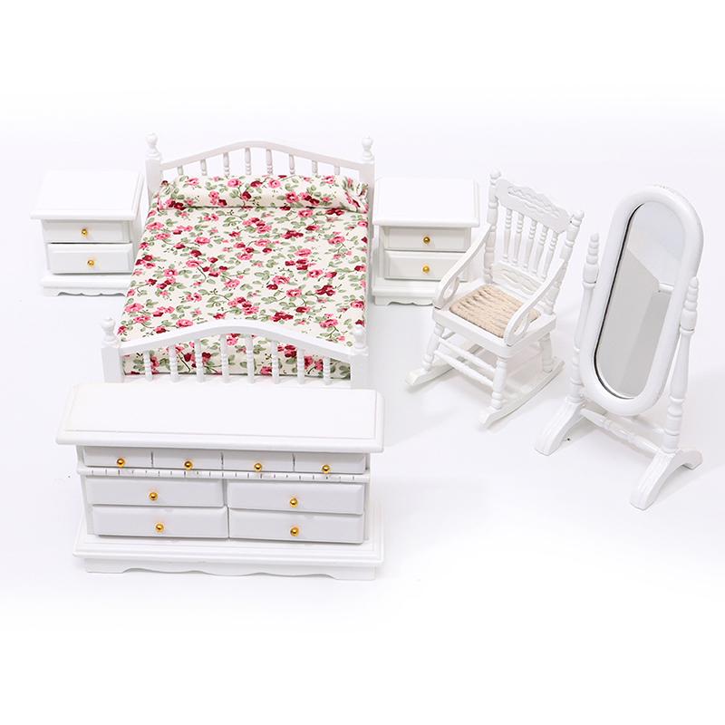6Pcs 1:12 Dollhouse Miniature White Wooden Bedroom Furniture Set Doll House