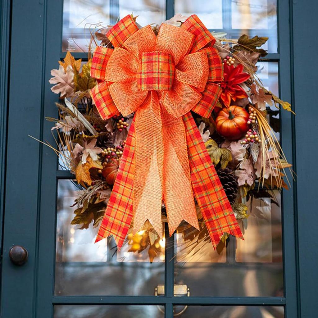 Large Fall Thanksgiving Wreath Gift Bow Orange Buffalo Plaid Check Wreath Swag Bow Wreath Pre-Tied Bow for Fall Thanksgiving Christmas Home Indoor