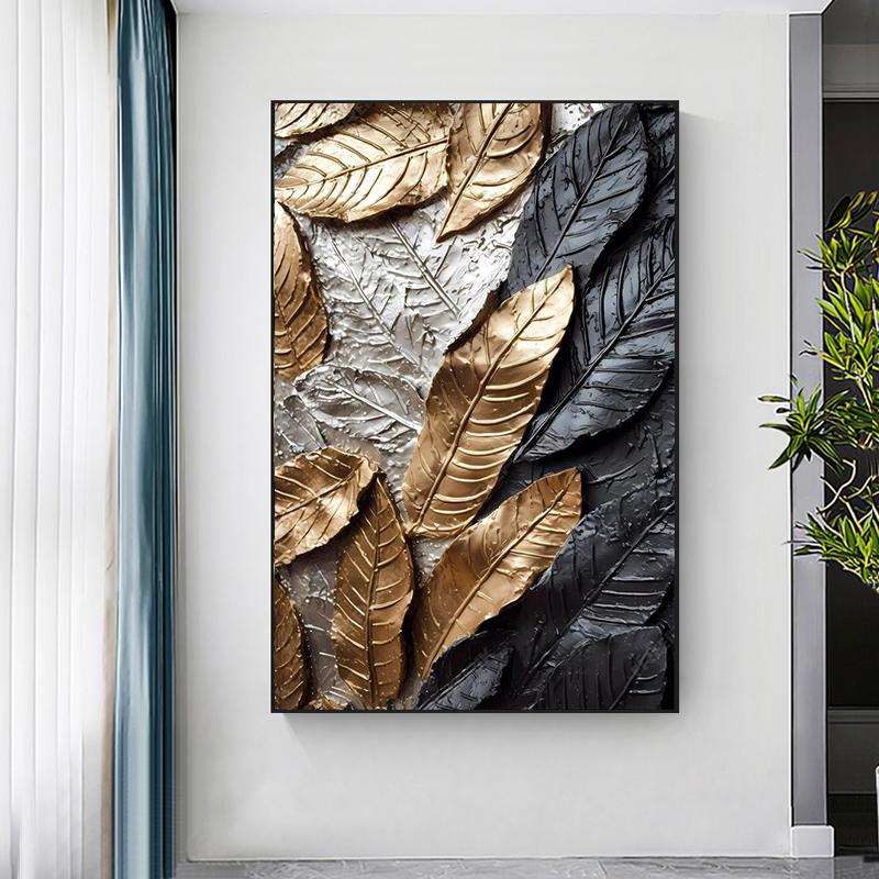 Modern Golden and Black Leaf Canvas Painting Wall Art Gold Leaves Wall Decor Prints Textured Paintings for Living Room No Frame