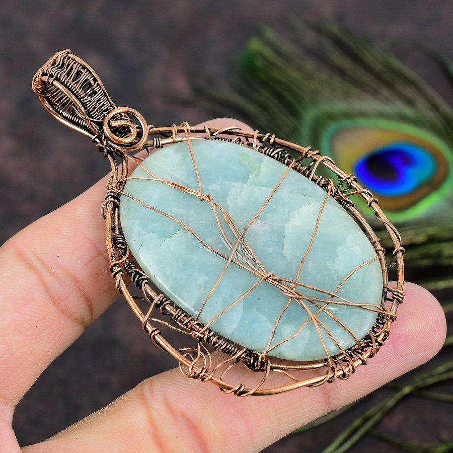 Přívěsek z přírodního akvamarínu, ručně vyrobený z měděného drátu, 3,27 E6t68