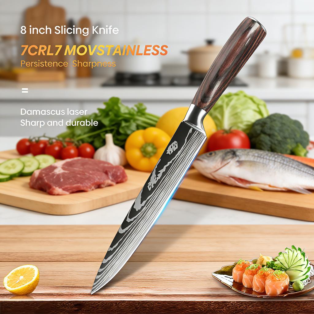 ZENG Ultra Sharp Slicing  Knife 7CR17 Laser Damascus Pakka Wood Sharp Sheath Gift Box Dicing Kitchen Knife