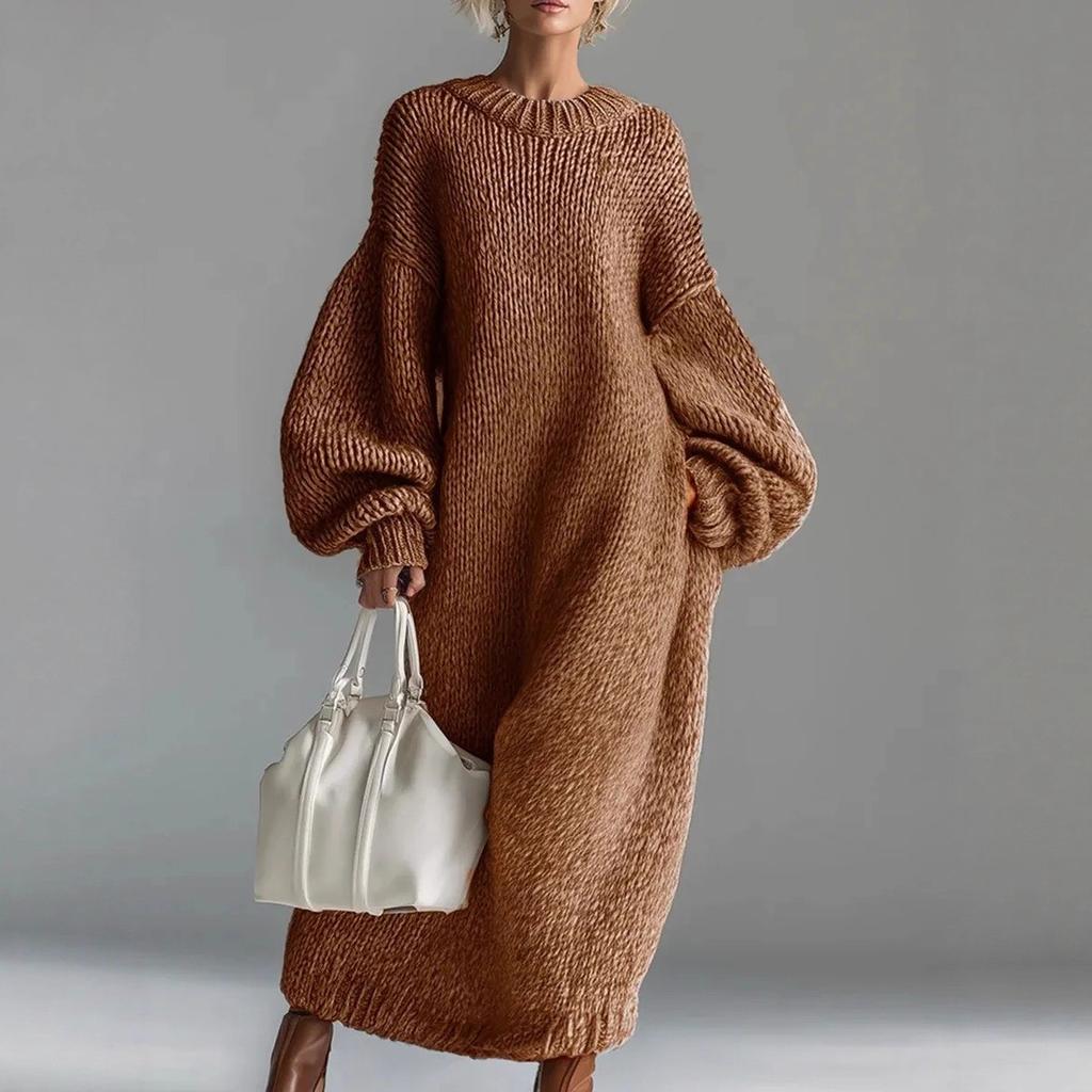 Women's Oversized Turtleneck Lantern Sleeve Long Knit Sweater Dress, Casual Knitted Dress for Crossborder Trade
