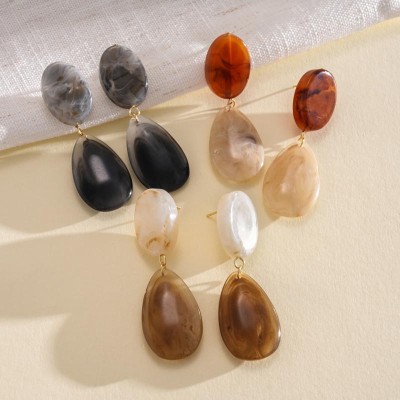 Vintage Brown Resin Droplet Pendant Earrings for Women Luxury Color Blocked Oval Long Earrings Commuting Versatile Jewelry
