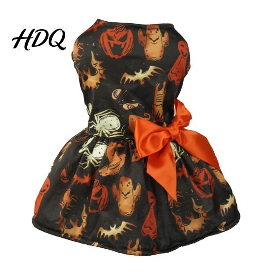 Pet Princess Skirt Funny Halloween Dog Dress Pumpkin Bat Spider Ghost Print Festive Costume for Photos Apparel Puppy with Bow Small Dogs Cats Soft