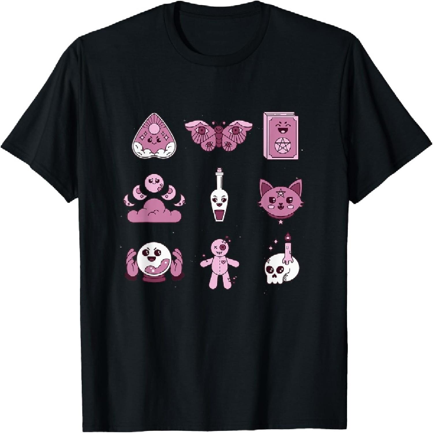 Cute Kawaii Cat with Spooky Elements Moon Phases Art T-Shirt S