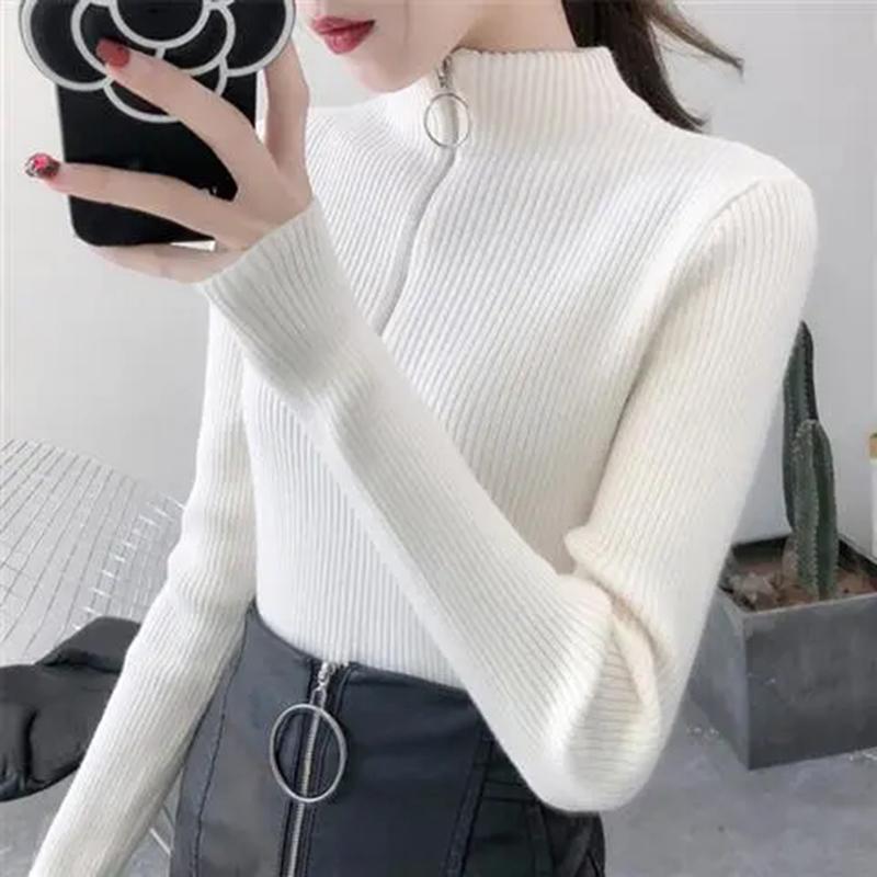 Pletené dámské svetry s poloviční výstřihem na zip, pulovry, podzimní a zimní, základní dámské svetry, štíhlé, pevné, pletené, pull Femme topy