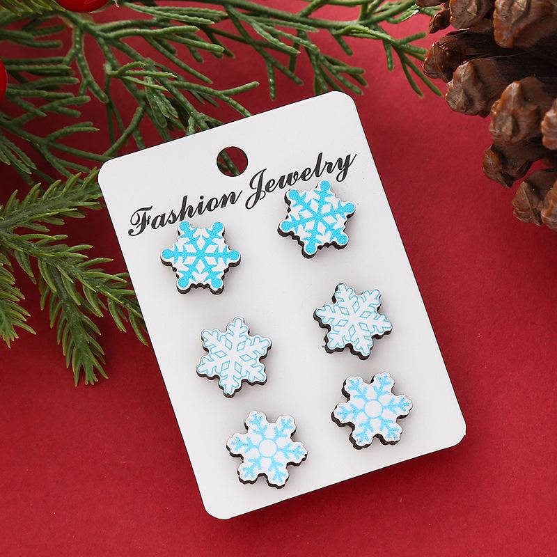 Hot Sale New Christmas Series Wooden Earrings Christmas Tree Bells Snowman Stud Earrings Set