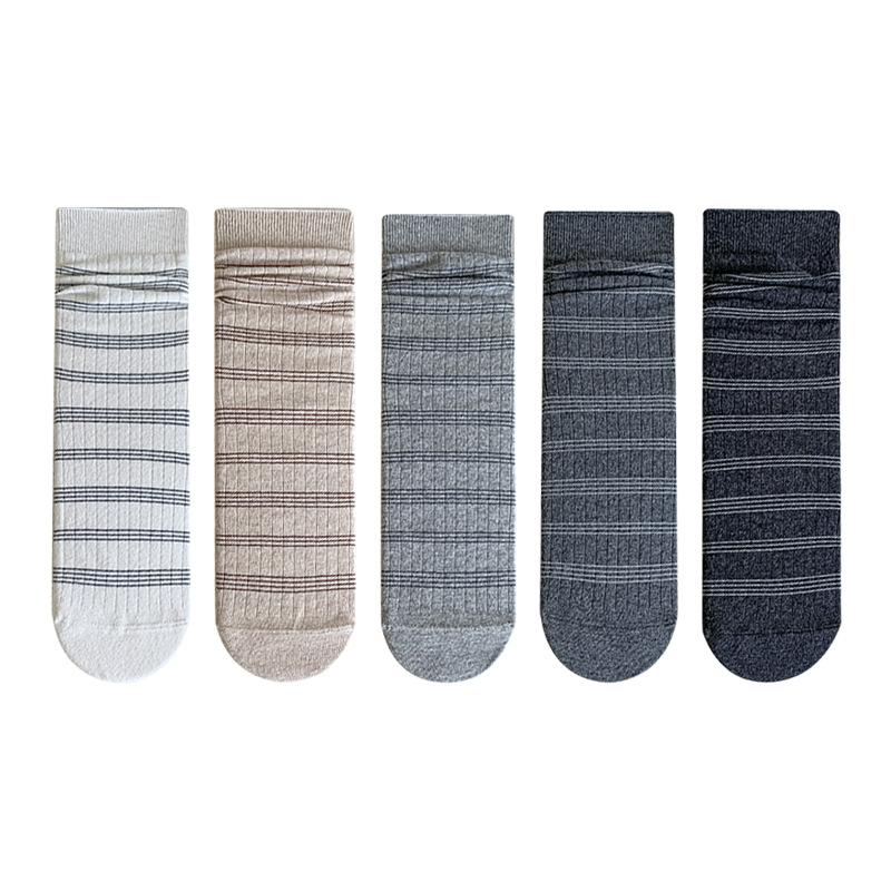 Mid-calf Pile Socks for Girls' School Style, Fine Striped Basic Color-blocked Cotton Socks, Boneless Socks