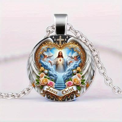 Vintage Inspired Religious Figure Cross Glass Charm Necklace Fashion Accessory, Perfect Holiday Season Gift for Any Occasion