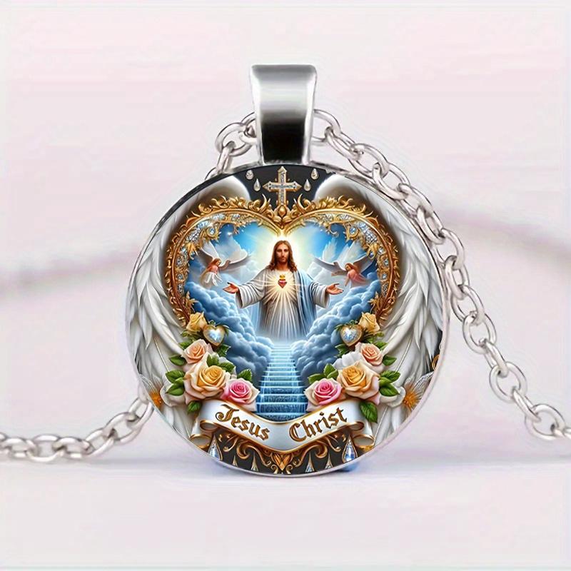 Halskette mit Glasanhänger im Vintage-Stil mit religiöser Figur und Kreuz, modisches Accessoire, perfektes Weihnachtsgeschenk für jeden Anlass gray