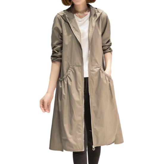Damen Frühling Herbst Kapuzen Mittellang Windjacke Reißverschlussleiste Langarm Taschen Einfarbig