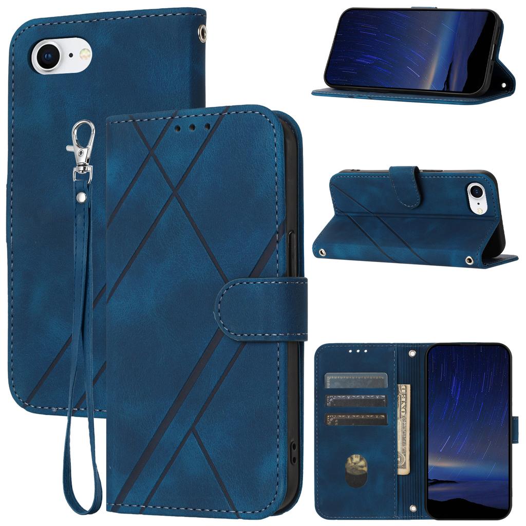 For iPhone 16e Case Imprinted Line Leather Phone Cover with Handy Strap
