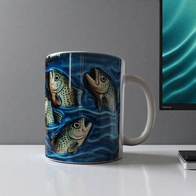 Yousheng Fishing Ceramic Mug Trout Fish Design Coffee Mug with Blue Wave Pattern 11/15oz Fish Art Drinkware Gifts for Men Fisher