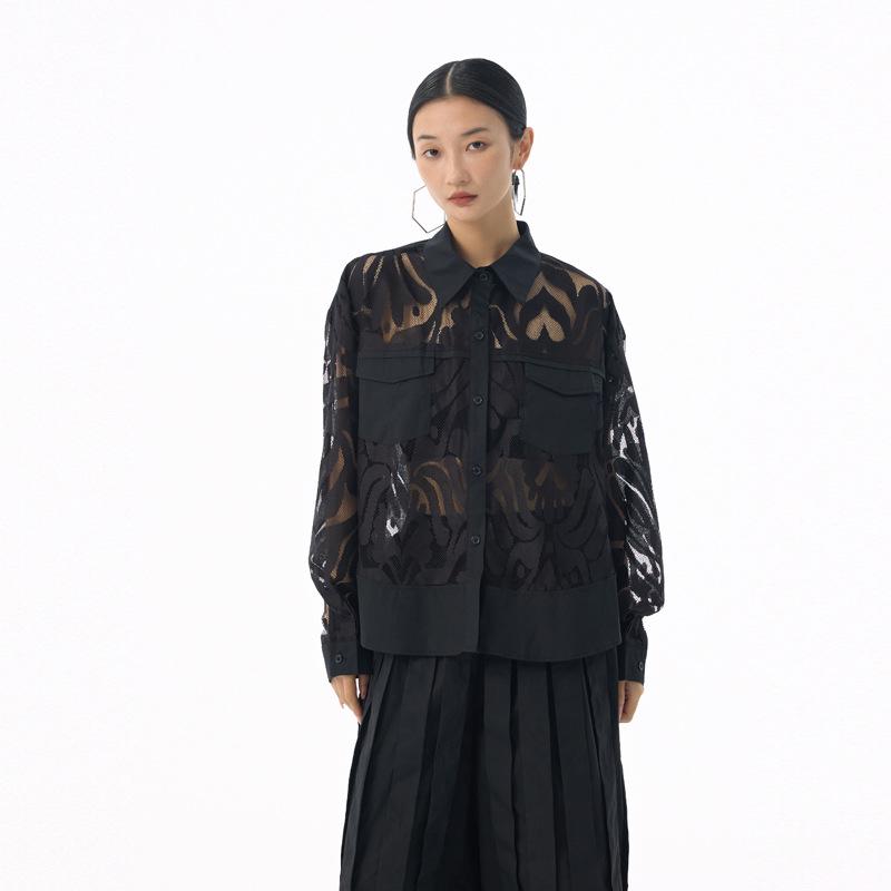 2025 Retro Jacquard Lace Lightweight Luxury Shirt - Spring/Autumn Loose, Versatile See-Through Top