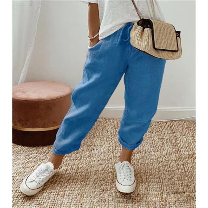 IHUASU Ladies Cotton Linen Pocket Elastic Casual Pants for Women