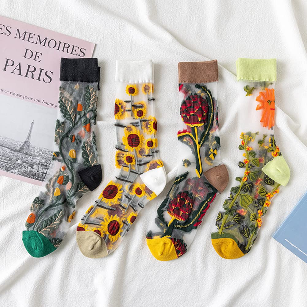 Tulle Floral Print Lace Cotton 5 Pairs in Mixed Perfect for [WETURAST] Women's See-Through Socks, Socks, Embroidery, Transparent, Thin, Cute, Stylish,