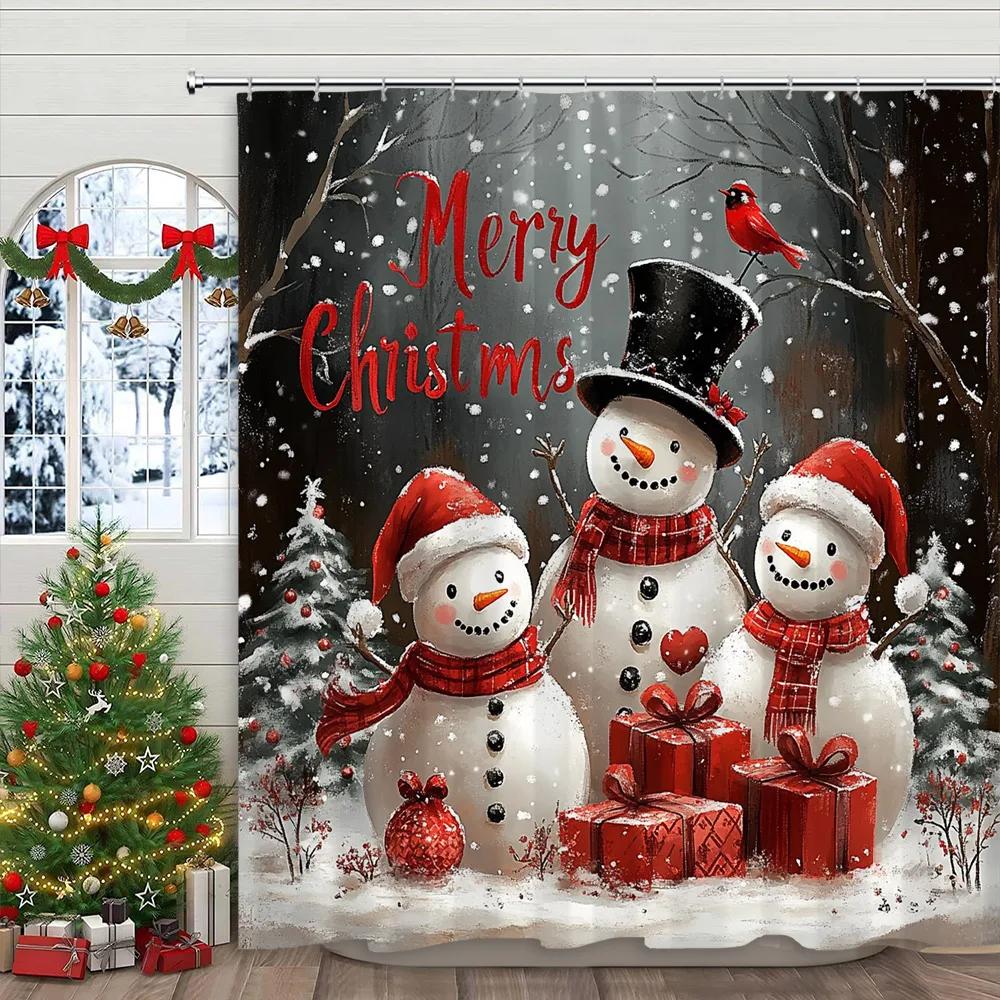 Christmas Snowman Shower Curtain Santa Claus Christmas Gifts Snow Printed Polyester Fabric Home Decor Shower Curtain With Hook