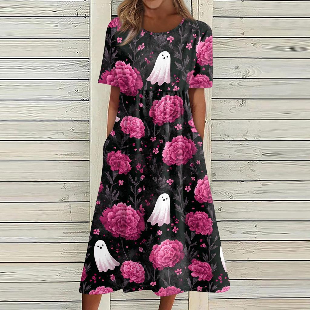 Summer Dress For Women Casual Printed Short-Sleeve Beach Swing Dress