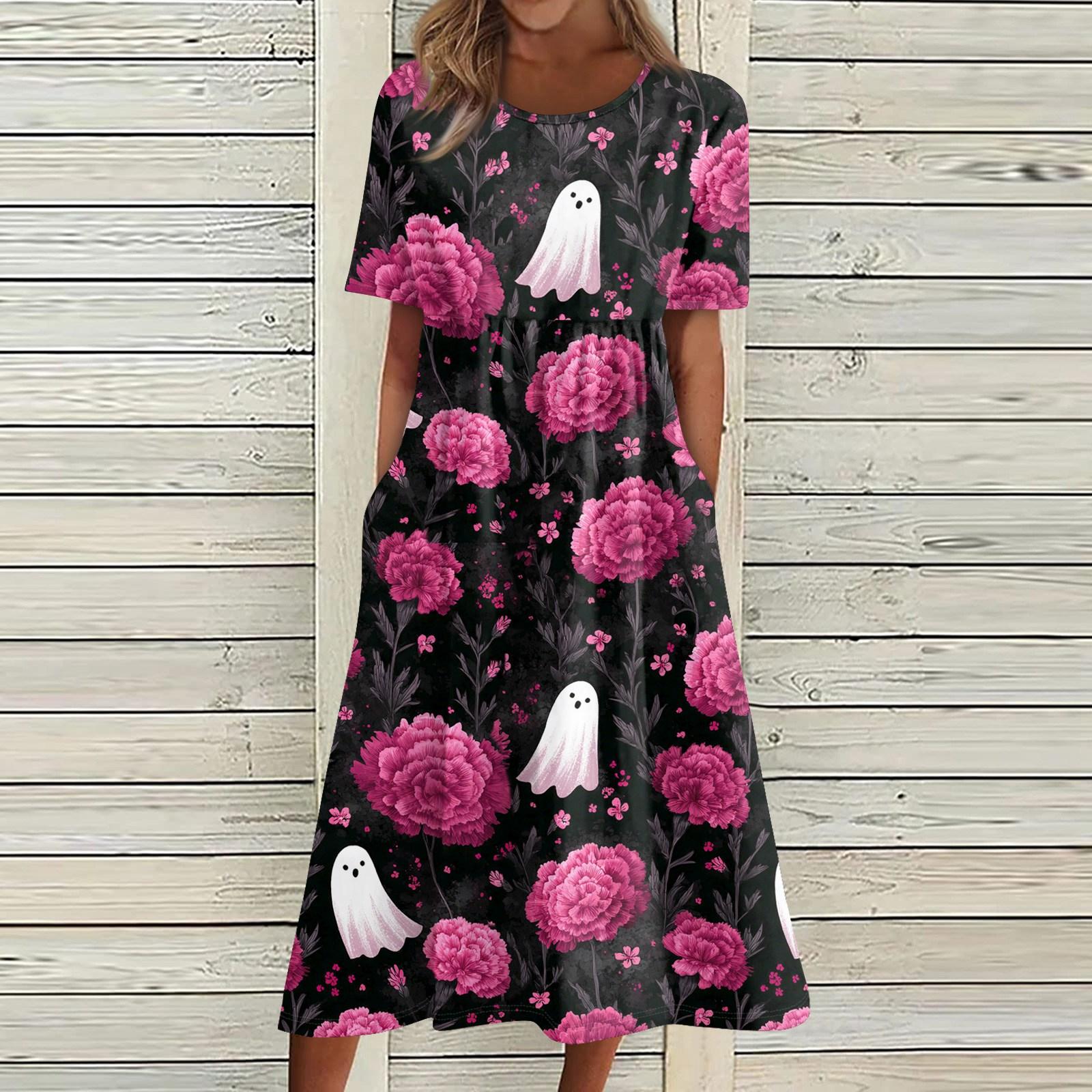 

Летнее платье для женщин, повседневное пляжное свободное платье с короткими рукавами и принтом S